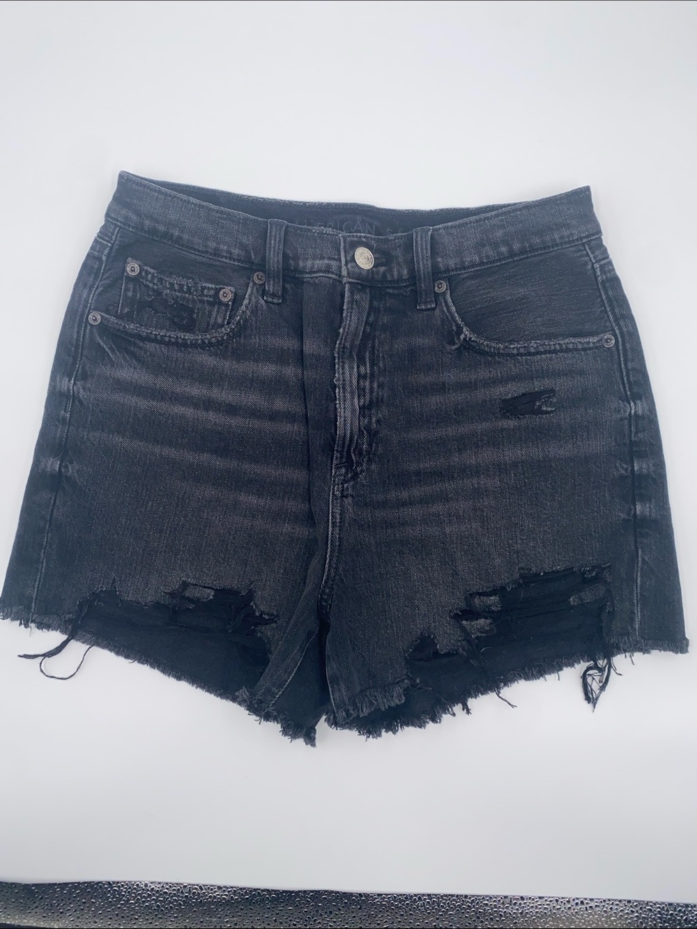 American Eagle 90’s Highest Rise Black Distressed Denim Jean Shorts